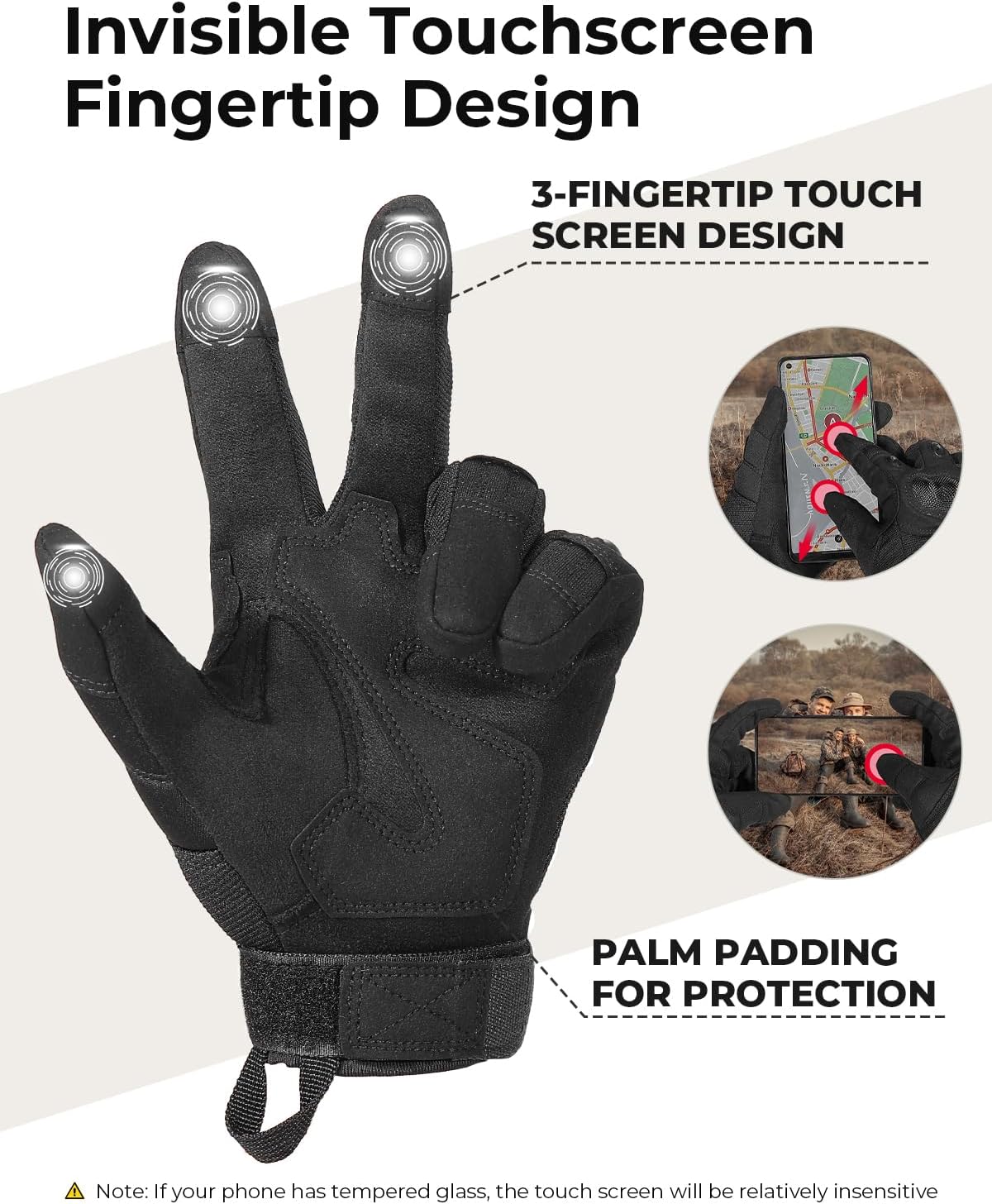 KEMIMOTO Tactical Gloves for Men, Touchscreen Motorcycle Gloves with Hard Shell & Palm Padding, Breathable Protective Gloves for Motorcycle, Cycling, Airsoft, Paintball, Hiking & Outdoor Sports, Black, X-Large
