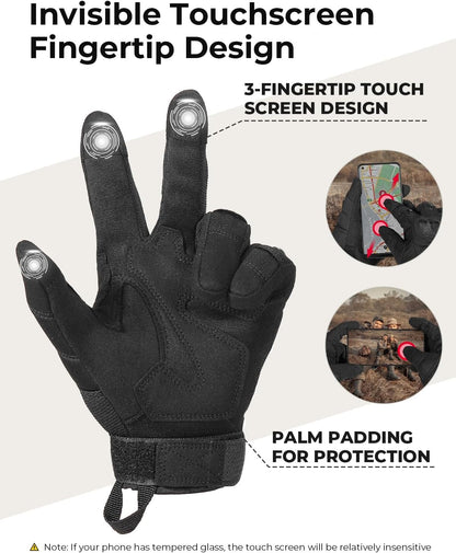 KEMIMOTO Tactical Gloves for Men, Touchscreen Motorcycle Gloves with Hard Shell & Palm Padding, Breathable Protective Gloves for Motorcycle, Cycling, Airsoft, Paintball, Hiking & Outdoor Sports, Black, X-Large