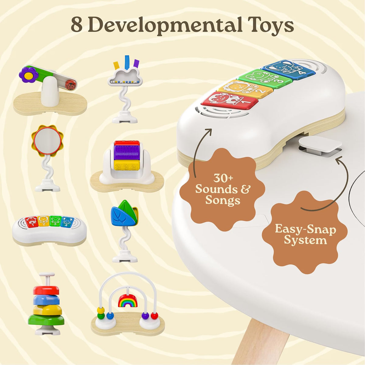 Little Acorn 4-in-1 Baby Activity Center, Montessori-Inspired Wooden Activity Center with 8 Interactive Toys, Tummy Time Mat, Activity Seat & Toddler Table, Sun