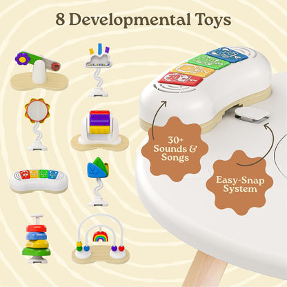 Little Acorn 4-in-1 Baby Activity Center, Montessori-Inspired Wooden Activity Center with 8 Interactive Toys, Tummy Time Mat, Activity Seat & Toddler Table, Sun