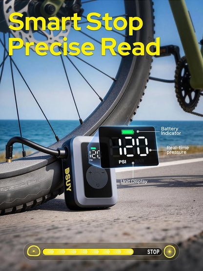 DSUY Mini Electric Bike Tire Pump, 120 PSI Portable Bicycle Air Pump with Digital Gauge & Auto Stop, 27 L/min Fast Inflation, Presta & Schrader Valve, USB-C, Gunmetal Gray