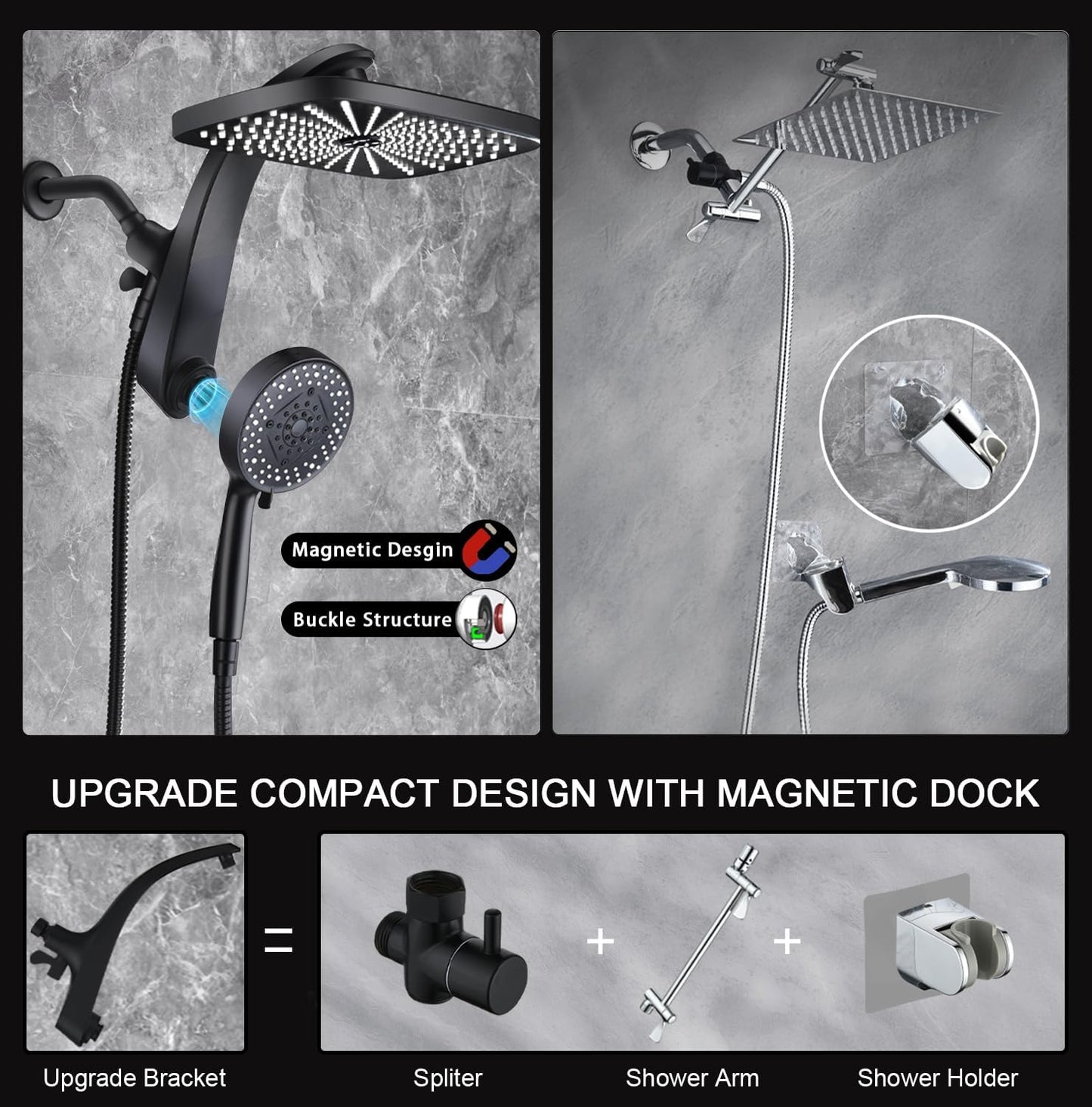 Rain Shower Head with Handheld Showerhead, Black 1.75GPM 460311 12" High Pressure Rainfall Shower Heads, 9 Sprays Handheld Showerheads, Magnetic Docking, Power Jets, 59" Shower Hose