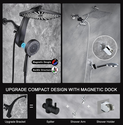 Rain Shower Head with Handheld Showerhead, Black 1.75GPM 460311 12" High Pressure Rainfall Shower Heads, 9 Sprays Handheld Showerheads, Magnetic Docking, Power Jets, 59" Shower Hose