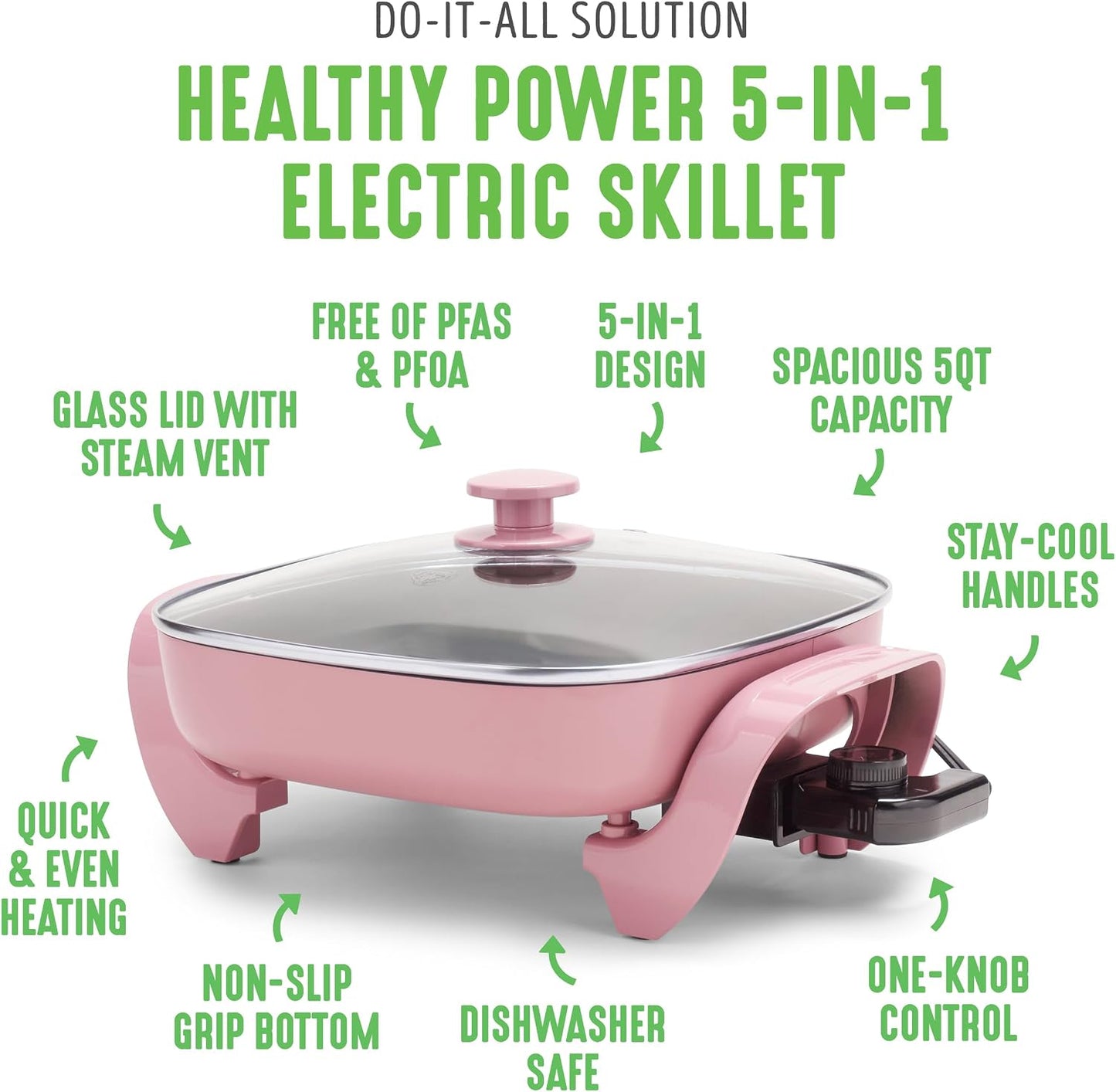 GreenLife 12" 5QT Electric Skillet, Pink PFAS-Free Ceramic Nonstick Coated Interior, Glass Vented Lid, Temperature Control, Dishwasher Safe, Pancakes, Eggs, Bacon