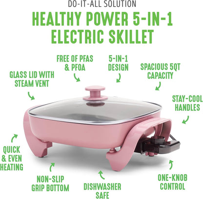 GreenLife 12" 5QT Electric Skillet, Pink PFAS-Free Ceramic Nonstick Coated Interior, Glass Vented Lid, Temperature Control, Dishwasher Safe, Pancakes, Eggs, Bacon