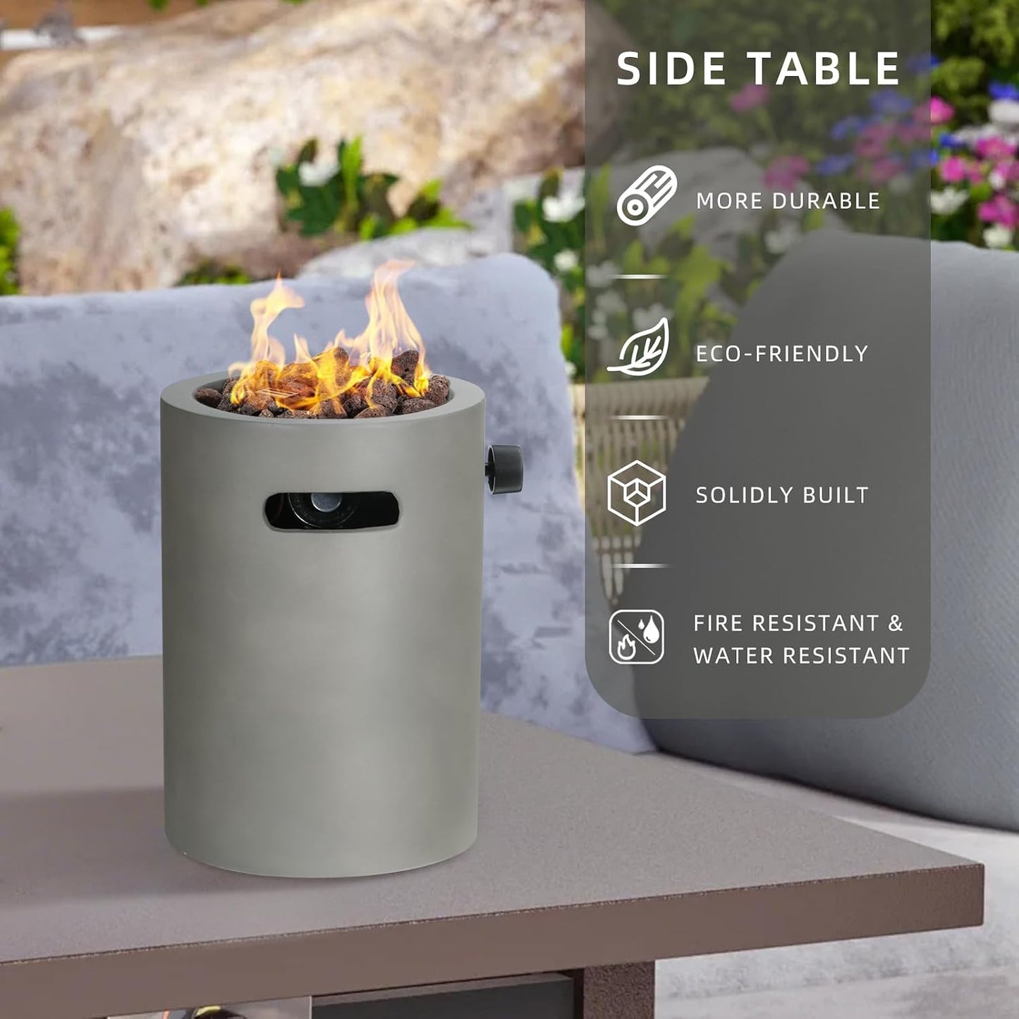 Afterglow 10" Round Propane Fire Pit Smokeless Propane Fire Column Terrafab 10,000 Btu with Lava Rocks for Outdoor Patio Garden Backyard Decking Decor CSA Certificated, Grey Concrete