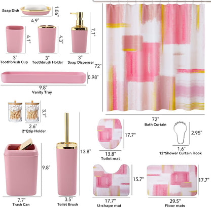 XLHOMO Bathroom Set - Pink and Gold Bathroom Accessories Set, Bathroom Sets with Shower Curtain and Rugs, Pink Shower Curtain Set with Bathroom Trash Can, Soap Dispenser, Soap Dish for Home Decor