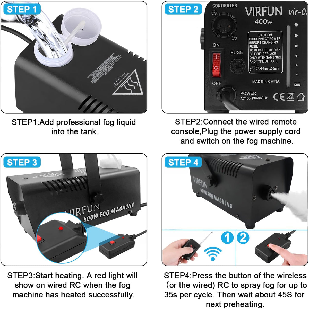 VIRFUN Fog Machine with Wireless & Wired Remote Control, 2000 CFM Smoke Machine for Halloween, Parties, Weddings & Stage Effects, VIR-02