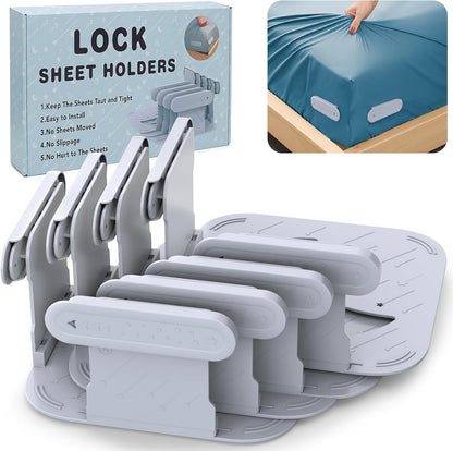 Upgrade Bed Sheet Holders for Corners, Lock Sheet Holders, 4Pcs Fitted Sheet Holders Keep Sheets Firm & Tight,Durable Heavy Duty Bed Sheet Clips, Sheet Locks, Fit All Mattress Easy Install