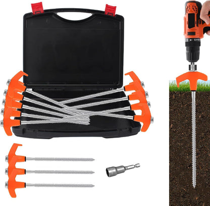 x-vesolje 8-Inch Heavy Duty Screw-In Tent Stakes, 12-Pack Drill-In Ground Anchors with Hex Socket & Storage Case, Galvanized Metal Tent Pegs for Camping, Canopies & Outdoor Inflatables, Orange