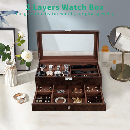 TomCare 2-Tier Watch Box, Large Watch & Jewelry Organizer with Glass Lid, Lockable Display Case with 8 Watch Slots, Glasses & Jewelry Compartments, Brown