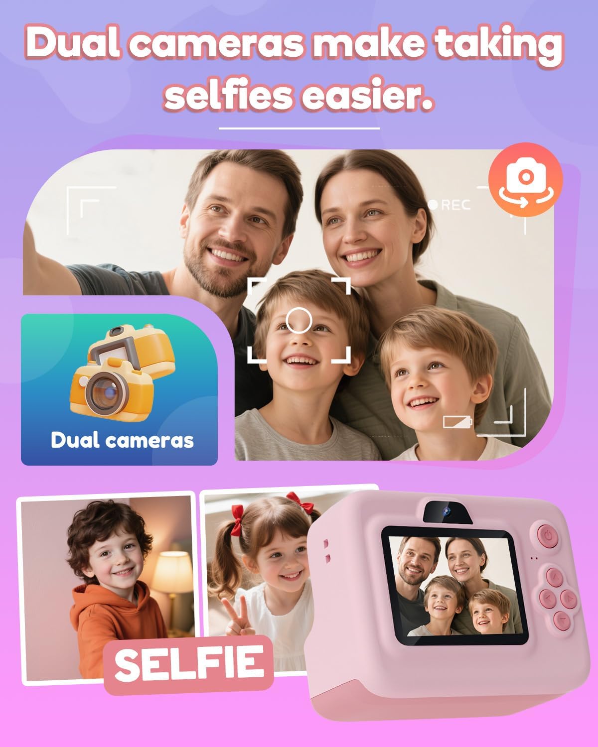 Dylanto Kids Instant Print Camera BLL2, 1080P Digital Camera with Thermal Printer, 2.4" Screen, 16X Digital Zoom, 32GB Memory Card, 3 Paper Rolls, Pink