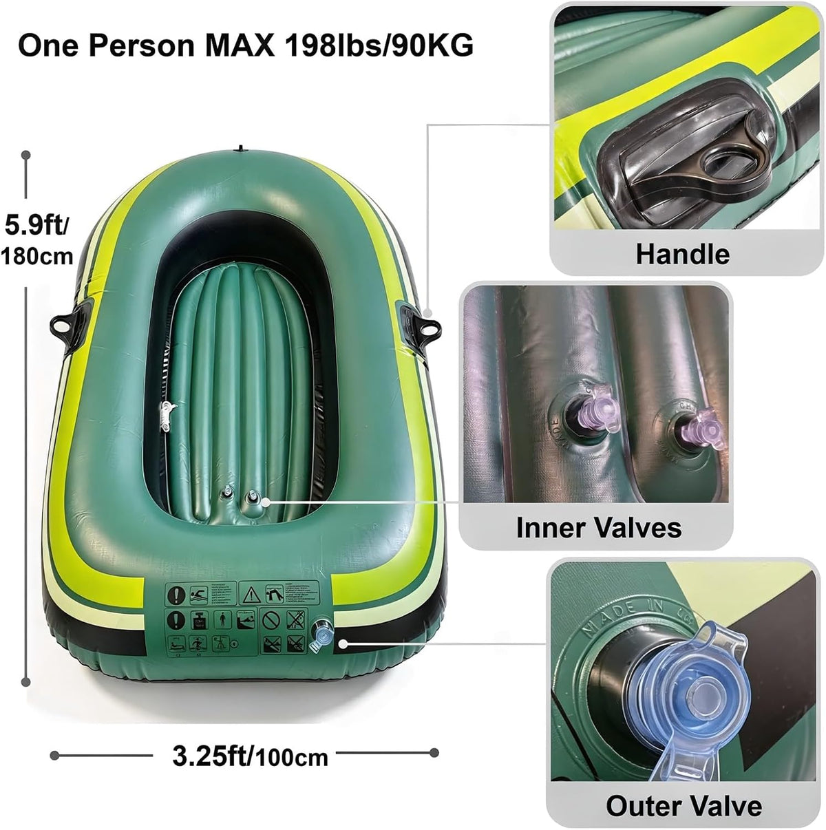 Inflatable Boat for One Person, 198 lb Capacity, PVC Single-Person Raft with Foot Pump & Carry Bag, Inflatable Fishing Boat for Pools, Ponds & Calm Shallow Water, Green & Yellow