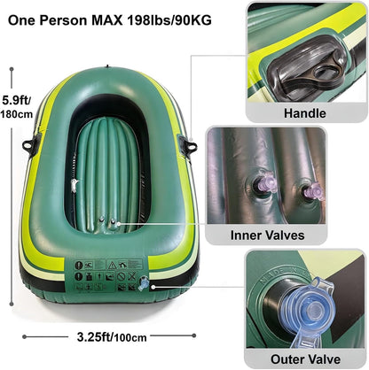 Inflatable Boat for One Person, 198 lb Capacity, PVC Single-Person Raft with Foot Pump & Carry Bag, Inflatable Fishing Boat for Pools, Ponds & Calm Shallow Water, Green & Yellow