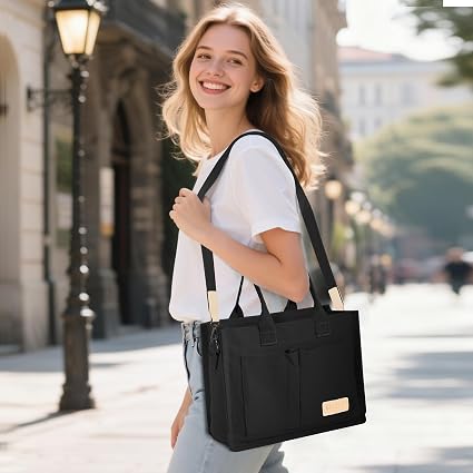 GASSDA Canvas Tote Bag for Women, Large Work Purse with Laptop Sleeve, Pockets, Zipper Closure & Adjustable Crossbody Strap, Black