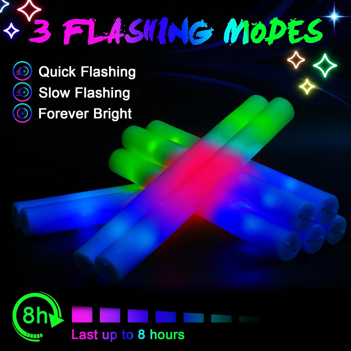 wellent 64 Pack Foam Glow Sticks, Bulk LED Foam Light Up Sticks with 3 Flashing Modes, Colorful Party Supplies for Weddings, Birthdays, Concerts & Halloween