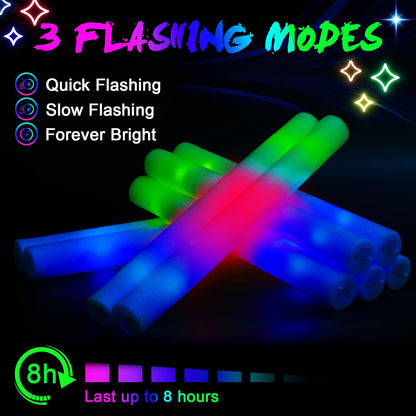wellent 64 Pack Foam Glow Sticks, Bulk LED Foam Light Up Sticks with 3 Flashing Modes, Colorful Party Supplies for Weddings, Birthdays, Concerts & Halloween