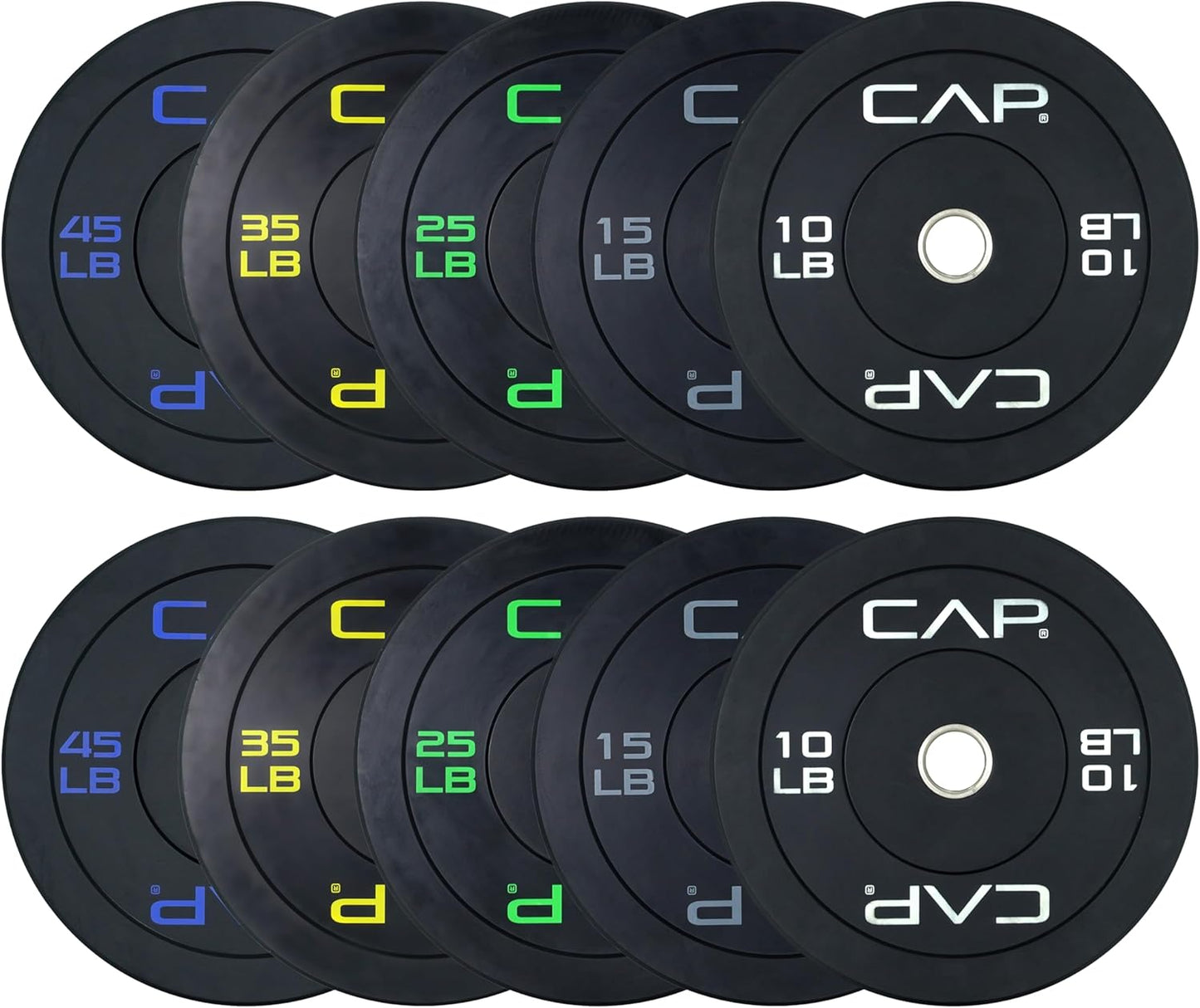 CAP 2-inch Olympic Bumper Plate Weight Set | 100-370 lbs | Multiple Colors | Storage Rack Optional