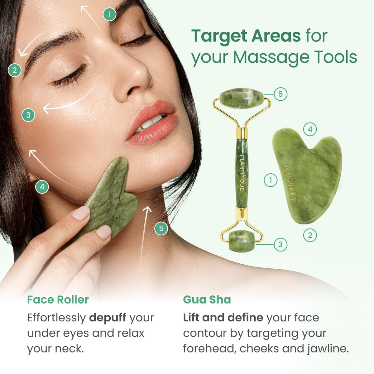 PLANTIFIQUE Jade Gua Sha Facial Tool & Face Roller Set, Authentic Jade Facial Massage Tools with Giftable Box