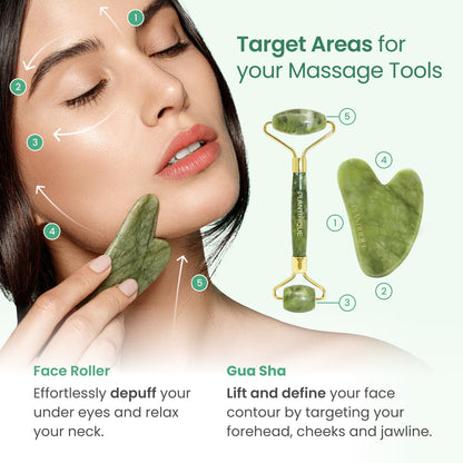 PLANTIFIQUE Jade Gua Sha Facial Tool & Face Roller Set, Authentic Jade Facial Massage Tools with Giftable Box