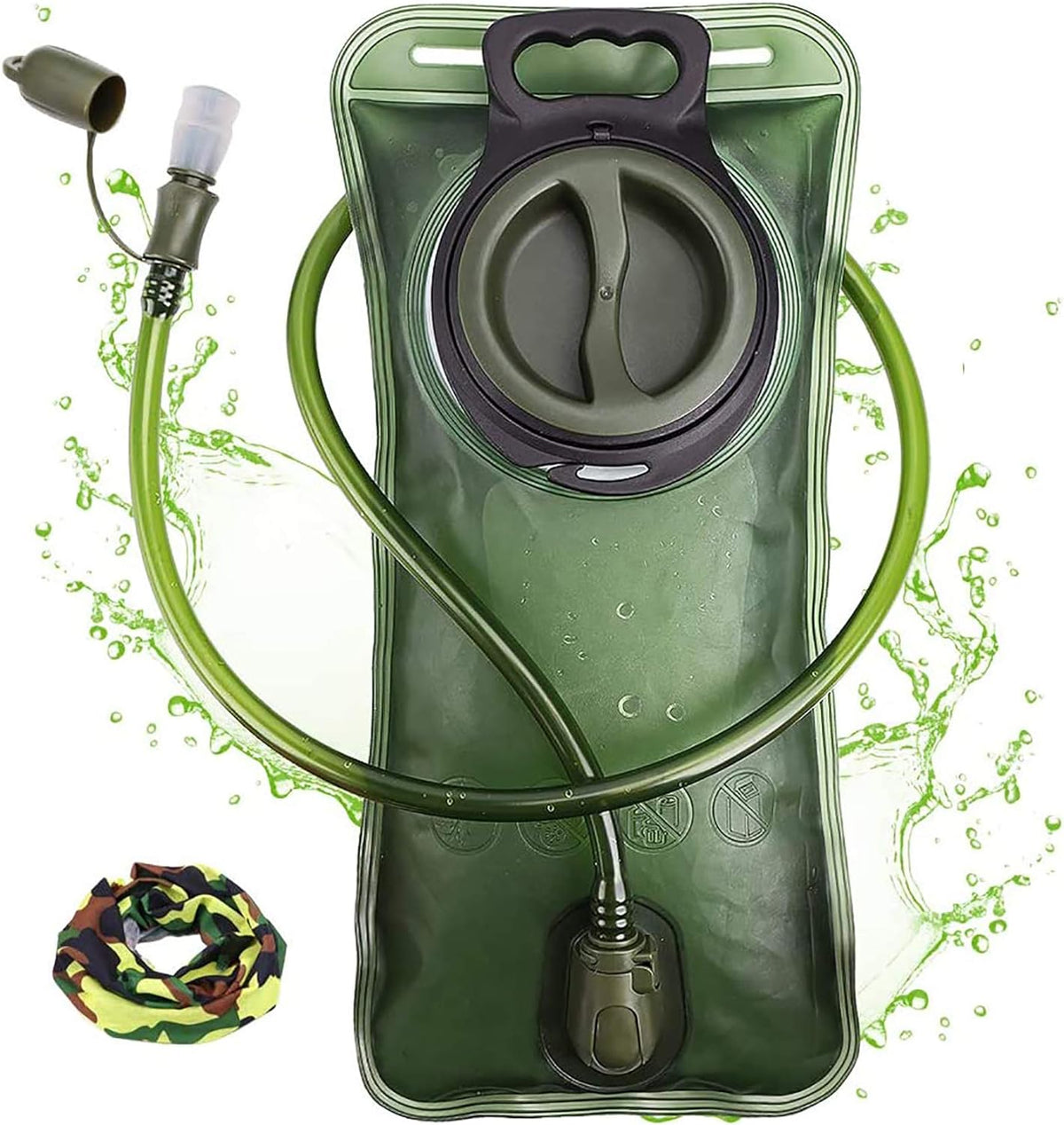 CHERAINTI 2L Hydration Bladder for Hiking Backpack, BPA-Free Leak-Proof Water Reservoir with Quick-Release Tube, High-Flow Bite Valve & Dust Cover, Military Green