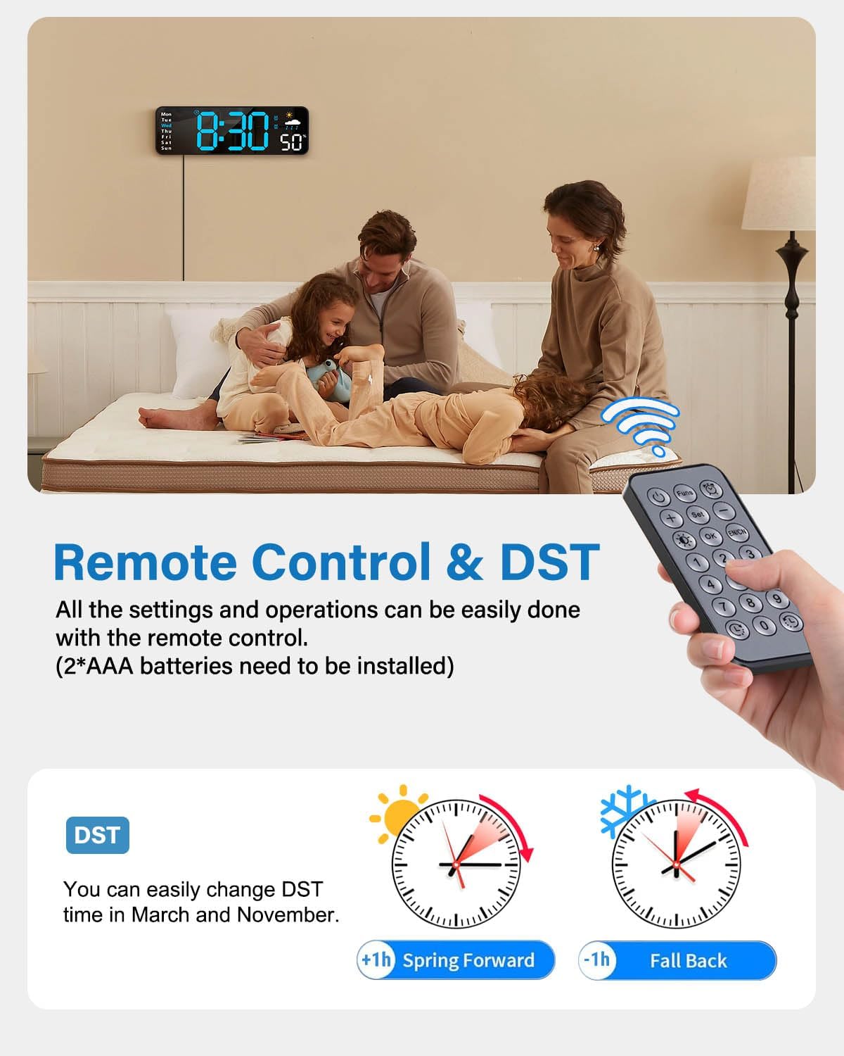 Digital Wall Clock with Large LED Display and Remote Control
