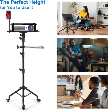 Tossbiss Laptop Tripod on Wheels with 2 Shelves Portable Projector Floor Stand Adjustable Height 25.9 to 51.8 Inch with Phone Holder, Projector Stand