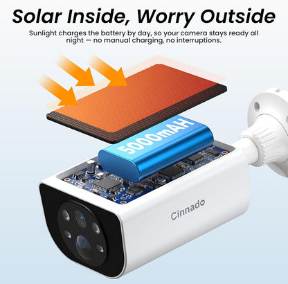 Cinnado S1 4-Pack Solar Security Cameras, 2K Wireless Outdoor Cameras with Integrated Solar Panels, AI Human Detection, 360° Motion Tracking, Two-Way Audio, Color Night Vision, 2.4GHz Wi-Fi