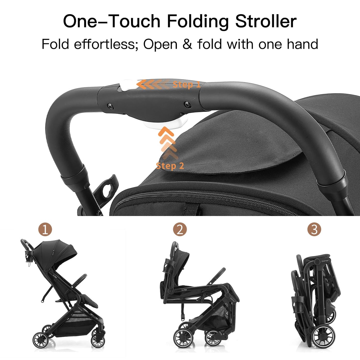 Gromast Compact Fold Baby Stroller, Lightweight Travel Toddler Stroller with One-Click Fold, UPF50+ Canopy, Cup Holder, UV Protected & Waterproof, One-Hand Folding, Black