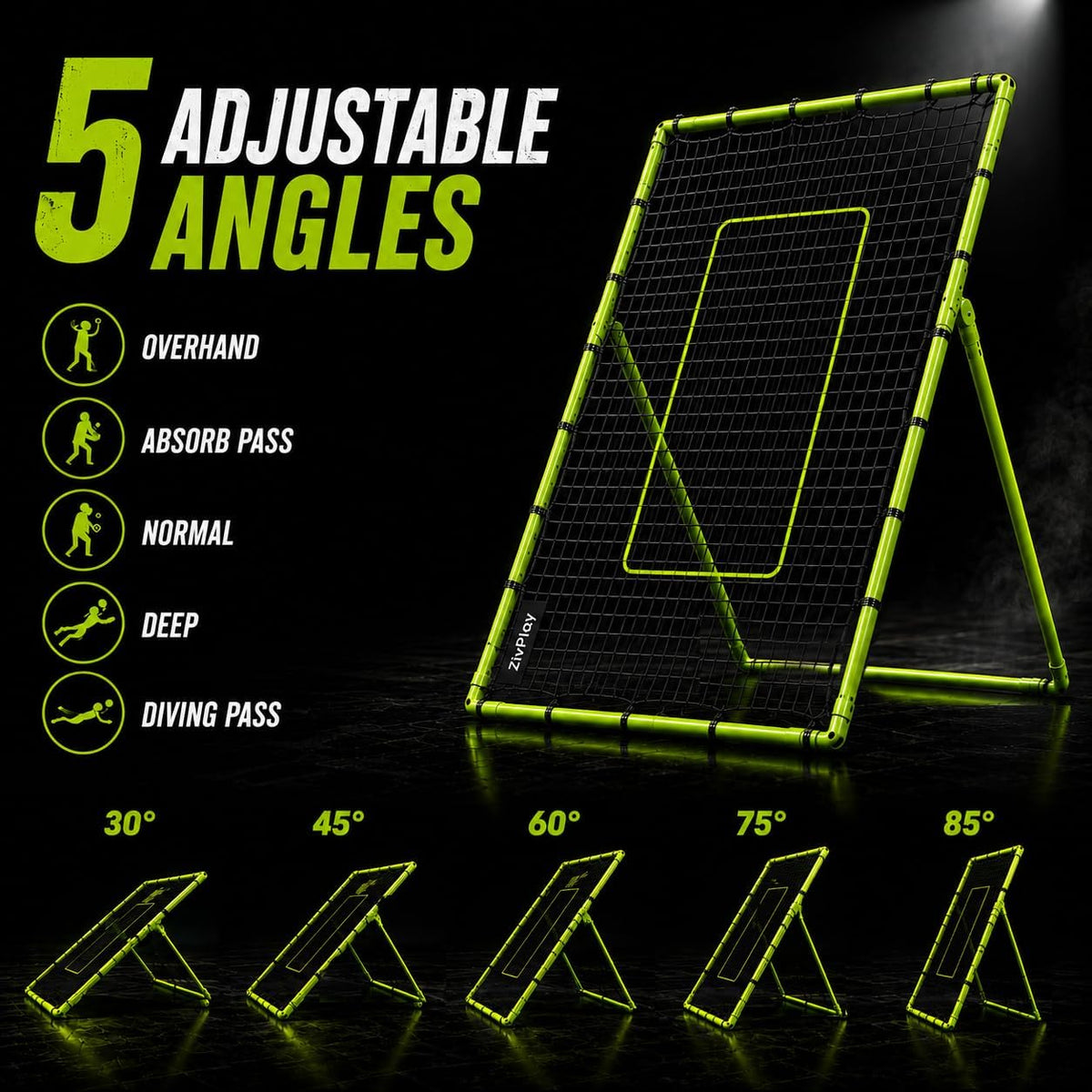 ZivPlay Volleyball Rebounder Net, 7 x 4 Ft Bounce Back Training Equipment with 5 Adjustable Angles, 28 Bungee Cords, Neon Target Strap & Ground Stakes
