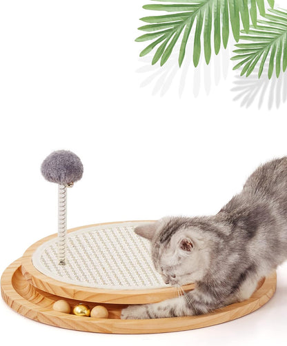 LMUGOOS Cat Scratcher, Natural Sisal Scratching Pad with Interactive Ball Track & Spring Ball Toy, 3-in-1 Cat Scratch Pad for Indoor Cats, Gold
