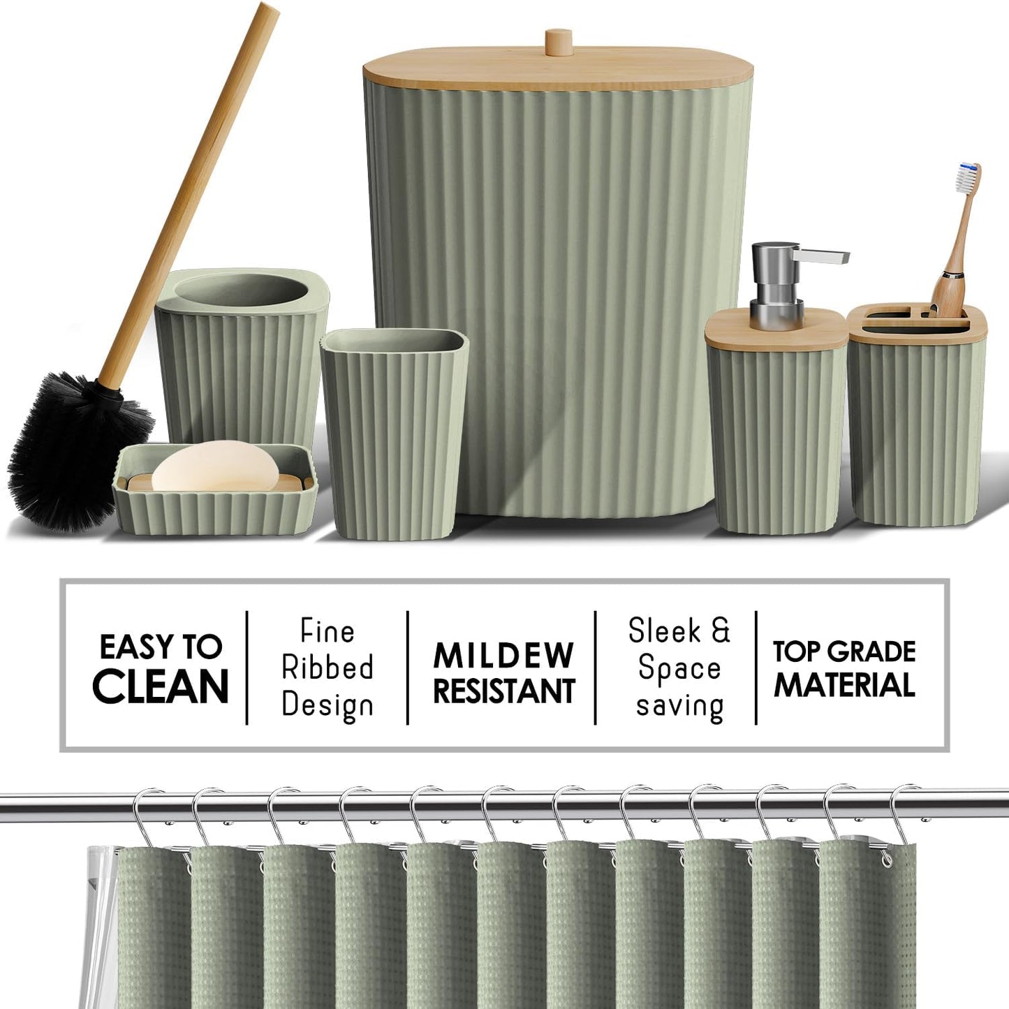 Clara Clark Bathroom Accessories Set - 27PC Bathroom Set with Adhesive Corner Shower Caddy Hanging, Bathroom Sets with Shower Curtain and Rugs, Sage Green Shower Curtain Set with Bathroom Trash Can