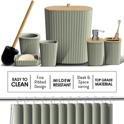 Clara Clark Bathroom Accessories Set - 27PC Bathroom Set with Adhesive Corner Shower Caddy Hanging, Bathroom Sets with Shower Curtain and Rugs, Sage Green Shower Curtain Set with Bathroom Trash Can