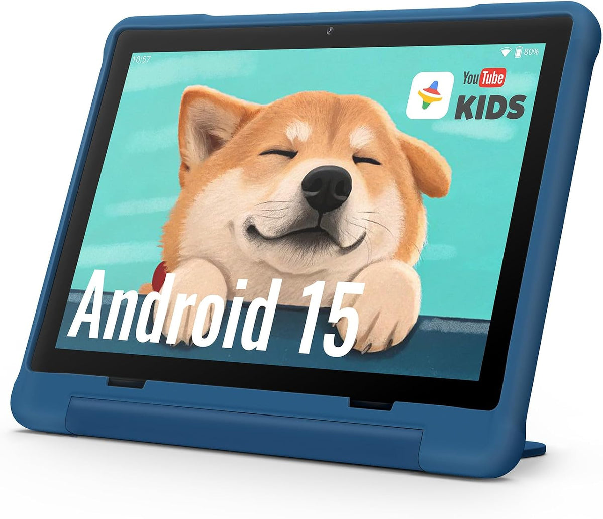 UEMXDOX K106A Kids Tablet, 10.1-Inch Android 15 Tablet, 8GB RAM, 64GB Storage, Expandable to 512GB, Wi-Fi 6, Bluetooth 5, Google Kids Space, Family Link, Protective Case, Blue