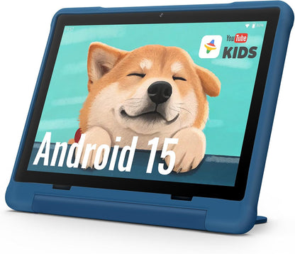 UEMXDOX K106A Kids Tablet, 10.1-Inch Android 15 Tablet, 8GB RAM, 64GB Storage, Expandable to 512GB, Wi-Fi 6, Bluetooth 5, Google Kids Space, Family Link, Protective Case, Blue