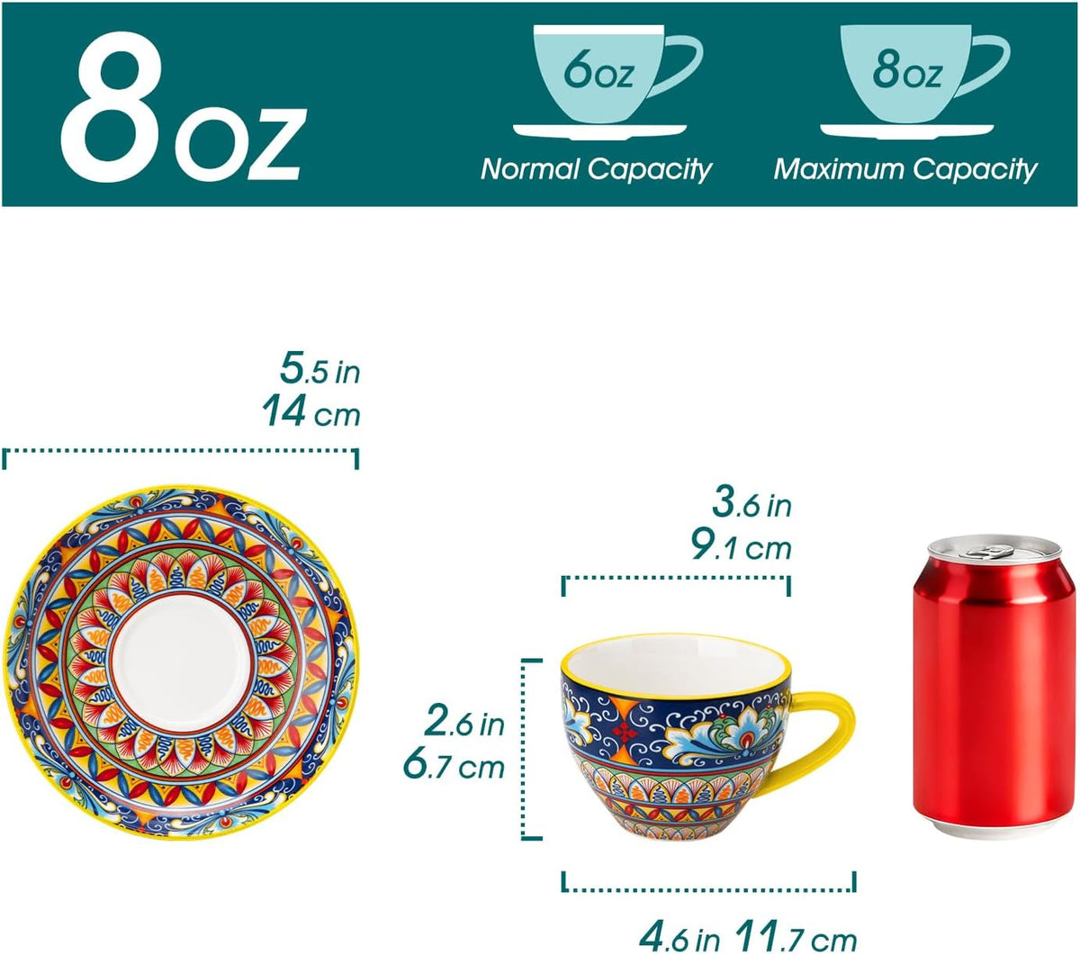 vancasso 8 Oz Cappuccino Cups, Porcelain Tea Cups and Saucers Set of 6 Bohemian Cappuccino Mugs,Perfect for Latte, Tea and Espresso, Microwave and Dishwasher Safe,Lead-Free and Non-Toxic