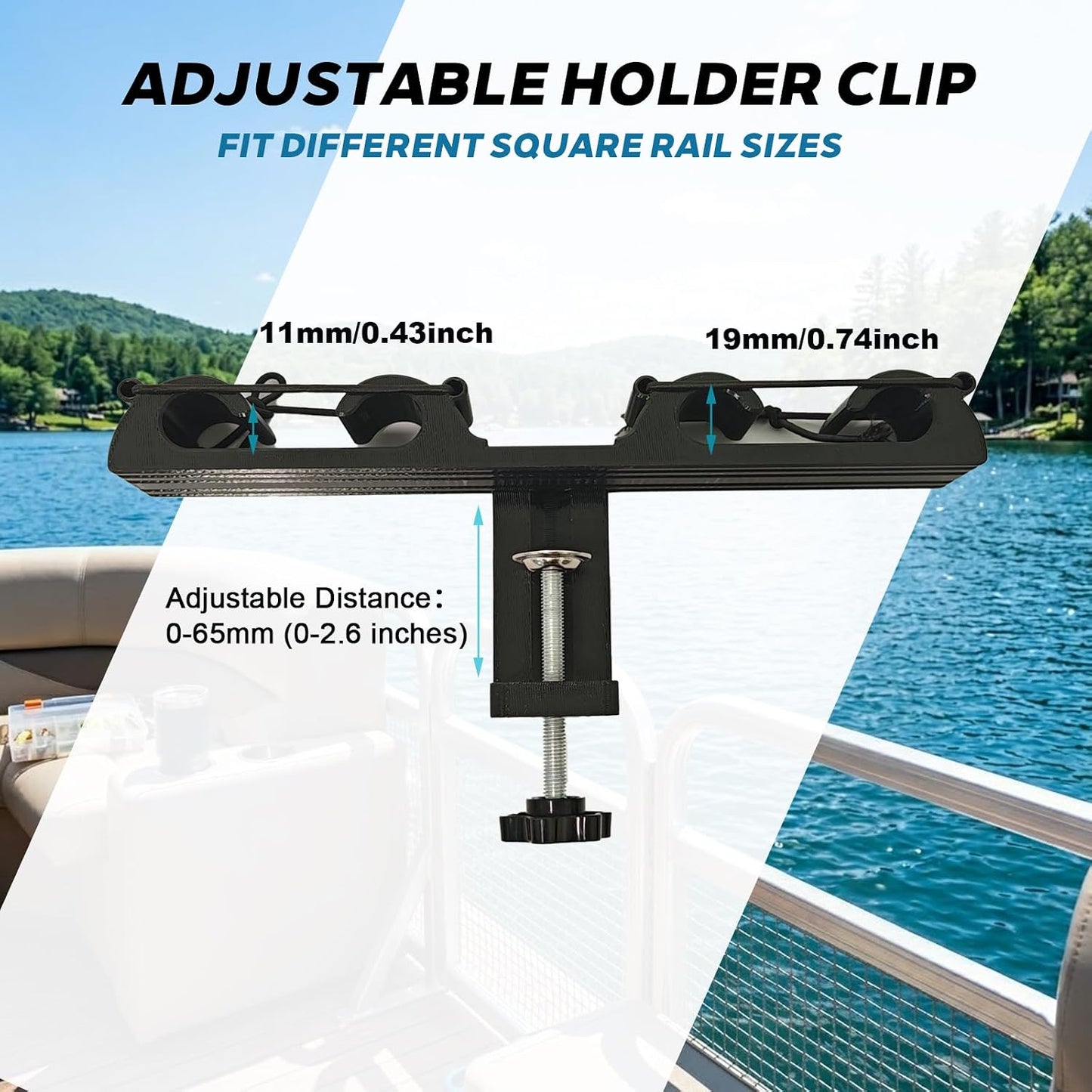 Pontoon Fishing Rod Holder for Square Rail, 4-Rod Vertical Storage Rack, No-Drill Adjustable Clamp-On Holder for Pontoon Boats, Docks & Marine Use, Black