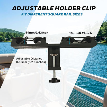 Pontoon Fishing Rod Holder for Square Rail, 4-Rod Vertical Storage Rack, No-Drill Adjustable Clamp-On Holder for Pontoon Boats, Docks & Marine Use, Black
