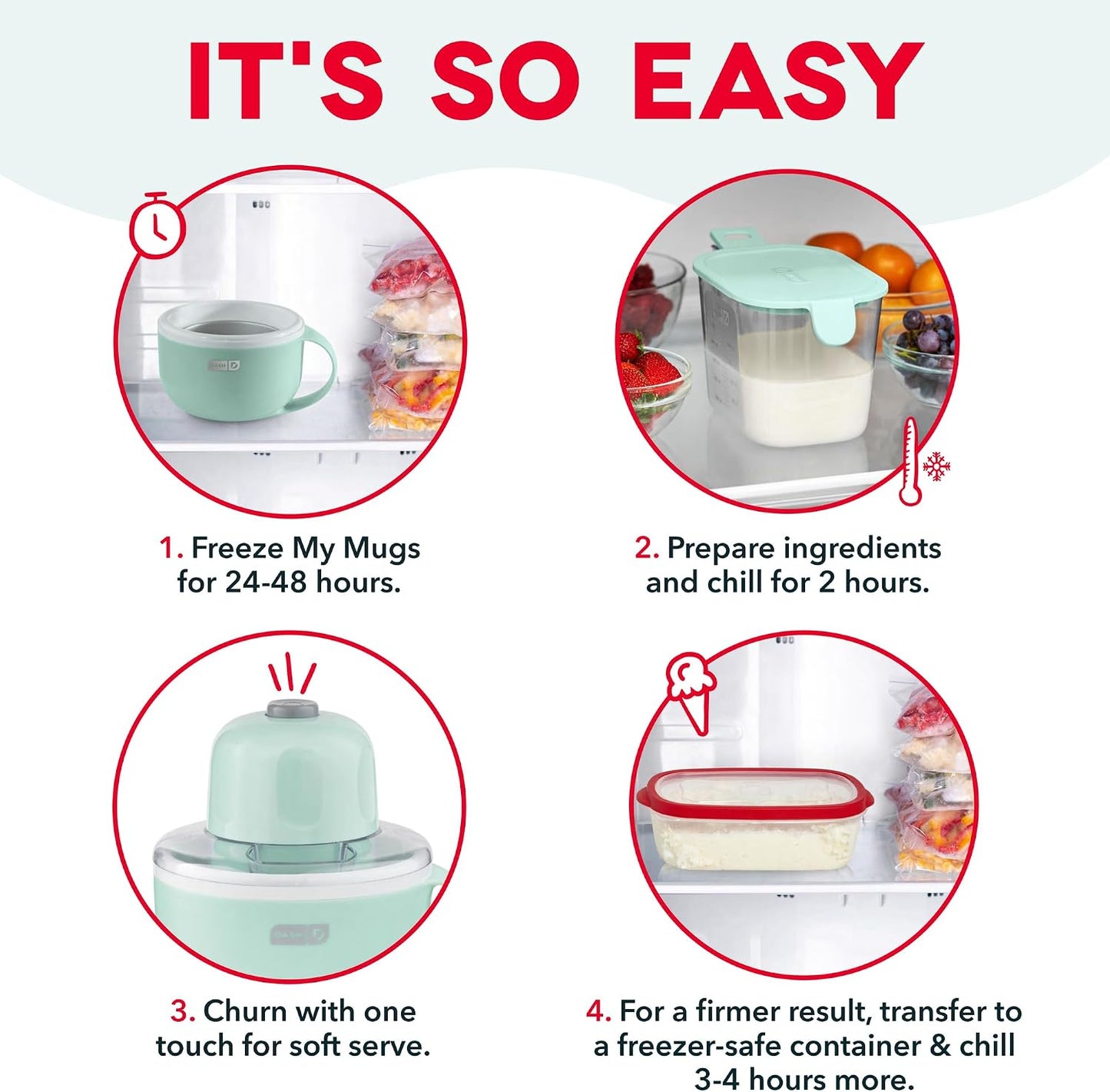 Dash My Mug Ice Cream Maker Bundle, 2 Half-Pint Freezer Mugs, Aqua Electric Soft Serve Ice Cream Machine Set, Ingredient Chute, Single Serve Freezer Bowls, Countertop Frozen Treat Maker