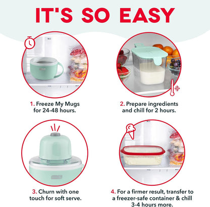 Dash My Mug Ice Cream Maker Bundle, 2 Half-Pint Freezer Mugs, Aqua Electric Soft Serve Ice Cream Machine Set, Ingredient Chute, Single Serve Freezer Bowls, Countertop Frozen Treat Maker