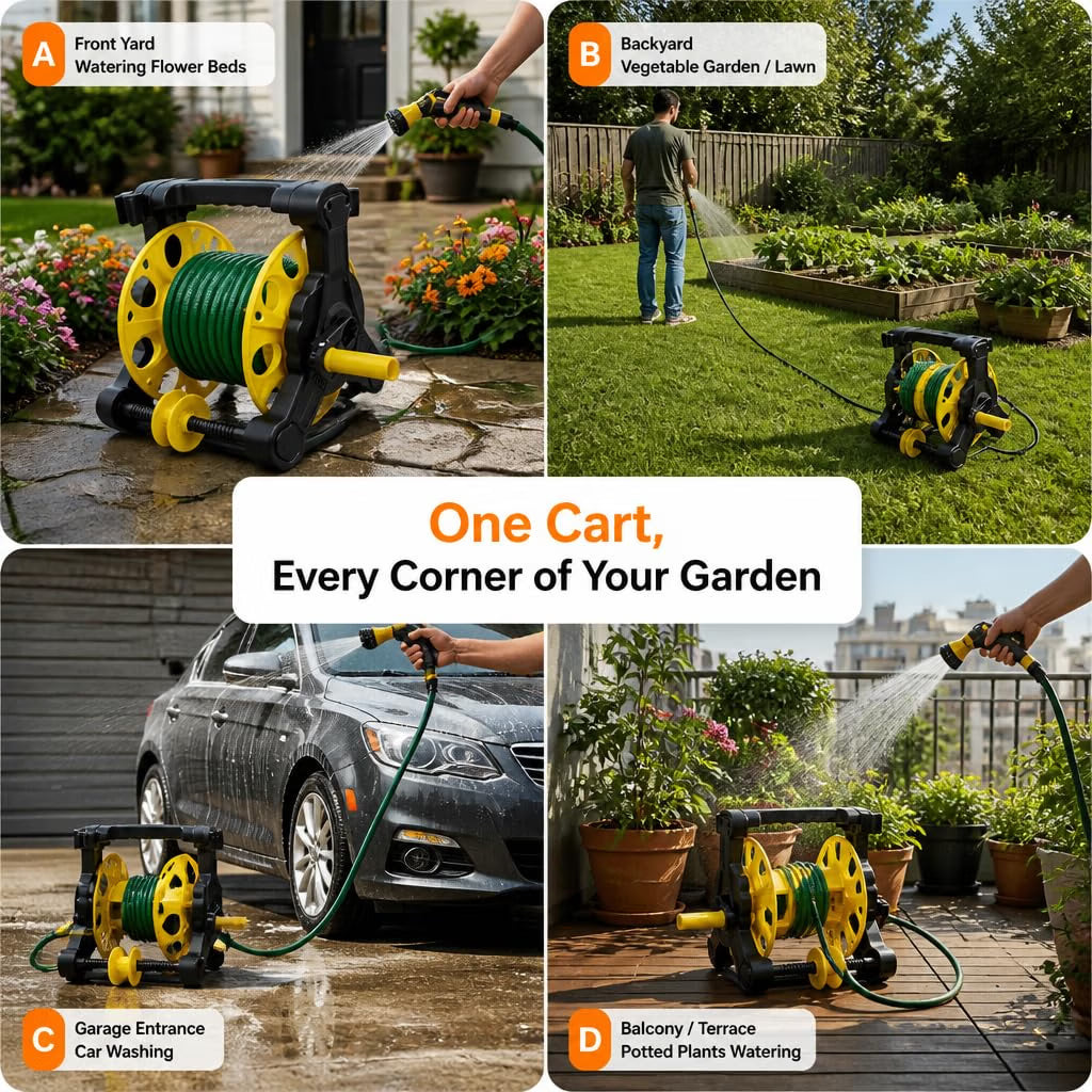 HyperionFlo Essentials Garden Hose Reel Cart, Manual Water Hose Reel with Hose Guide, Hand Crank & Portable Wheeled Frame