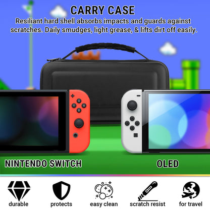 Orzly Accessory Bundle Kit designed for Nintendo switch Accessories Geeks and Oled console users Case and Screen protector, Joycon grips and Wheels for enhanced games play and more - Jet black