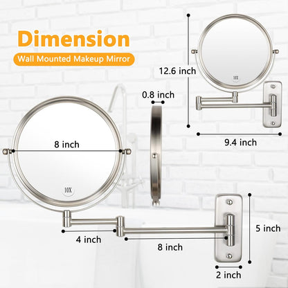 Wall Mounted Makeup Mirror - 1X/10X Magnifying Mirror Double Sided, 8 Inch Extendable Bathroom Mirror, Nickel Finish