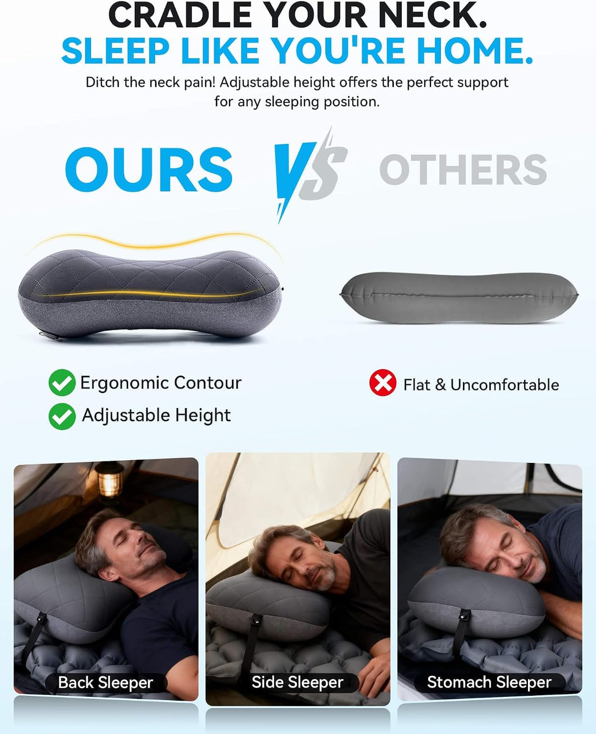 Hikenture Camping Pillow with Removable Cover, Ultralight Inflatable Pillow Ergonomic Neck Lumber Support, Upgrade Leakproof Backpacking Pillow, Portable Packable for Hiking, Beach, Travel