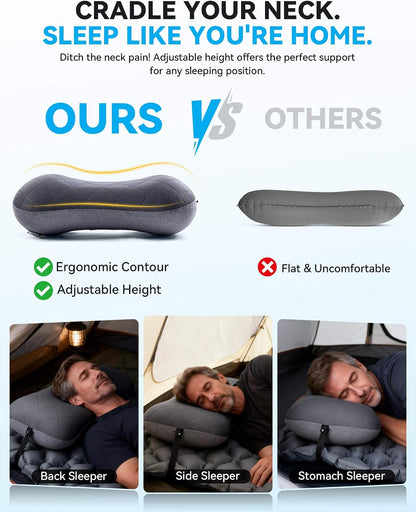 Hikenture Camping Pillow with Removable Cover, Ultralight Inflatable Pillow Ergonomic Neck Lumber Support, Upgrade Leakproof Backpacking Pillow, Portable Packable for Hiking, Beach, Travel