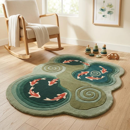Koi Fish Pond Shaped Wool Rug, Hand-Tufted Green Zen Garden Area Rug with Koi & Water Spirals, Japanese Irregular Carpet for Living Room & Bedroom, Feng Shui Decor, 7x10 ft (213 x 304 cm)