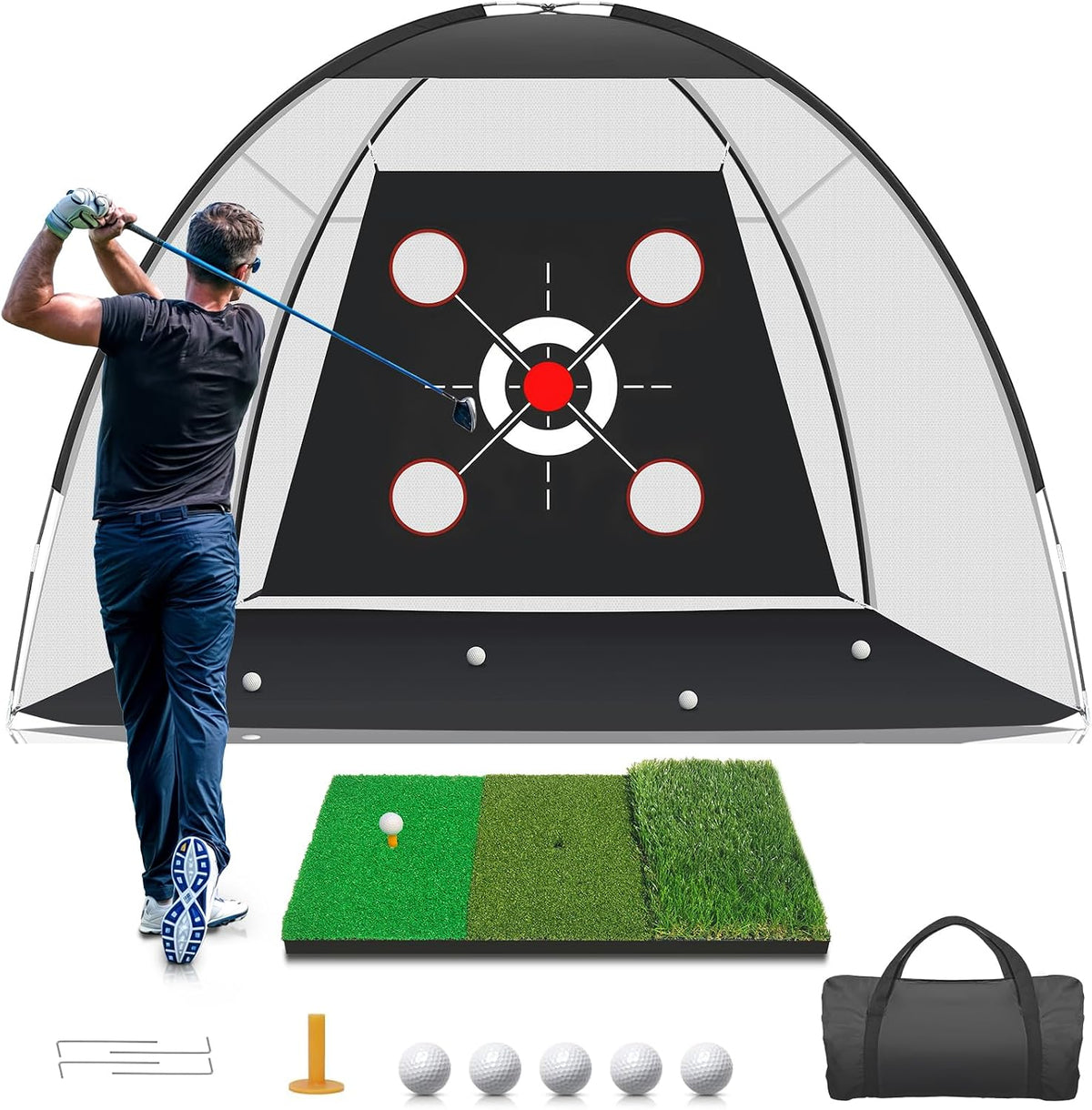 KLAODOT Golf Net with Practice Mat, 10 x 7 FT Golf Hitting Net with Multi-Target Pockets, 3-in-1 Turf Mat, 5 Balls, Rubber Tee, Stakes & Carrying Bag