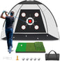 KLAODOT Golf Net with Practice Mat, 10 x 7 FT Golf Hitting Net with Multi-Target Pockets, 3-in-1 Turf Mat, 5 Balls, Rubber Tee, Stakes & Carrying Bag