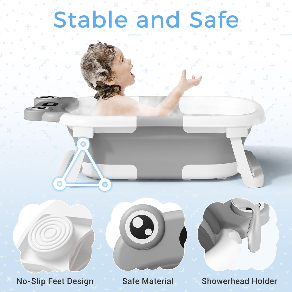 Bunwag Collapsible Baby Bathtub for Newborn to Toddler, Portable Infant Bath Tub with Soft Cushion, Temperature Sensor, Thermosensitive Drain Plug & No-Slip Feet, Gray