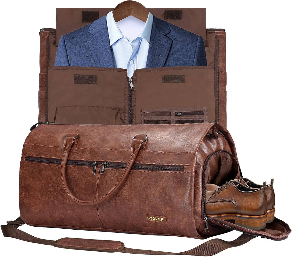 STOVER Garment Travel Duffle Bag, Large 2-in-1 Convertible Carry-On Garment Bag & Duffel with Shoe Compartment, 57L Weekender Travel Bag for Men & Women, Brown Leatherette